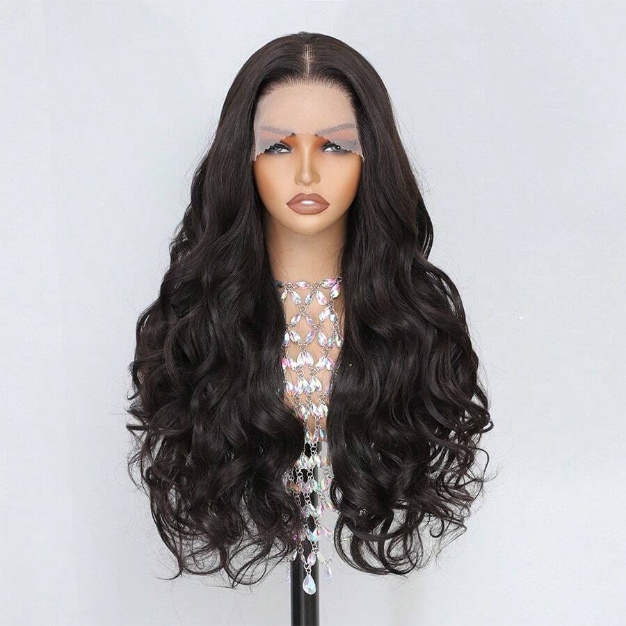 13x6蕾丝假发，黑色长卷发，女士假发，耐热丝绸材质，适合日常佩戴