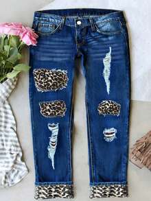 Plus-Size Women's Dark Blue Washed Distressed High-Waisted Slim-Fit Jeans With Ripped Leopard Print Patches And Rolled-Up Cuffs. A Versatile And Retro-Style Casual Trouser. - 藍色 - 查看 13