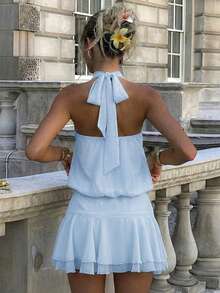 Perirose Women's Light Blue Y2K Cute Halter Keyhole Backless Tie-Up Sleeveless Ruffle Mini Sun Dress, Casual Summer Autumn Vacation Beach Outing Party Dress, Fall Clothes For Women, Vacation Outfit Women, Teacher Outfit For Women - Blue - View 2
