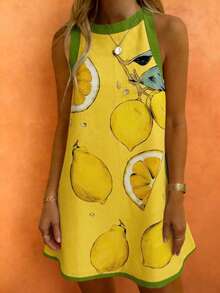 Sea Starshine 波西米亚风夏季沙滩休闲度假舒适女士撞色柠檬叶印花无袖连衣裙，适合早午餐等优雅场合 - 黃色 - 查看 4