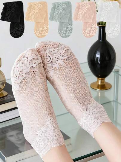 chuanwa（2） 1/5/10双装女士网眼蕾丝袜，优质复古花卉纯色隐形薄纱袜，透气柔软舒适，易于搭配