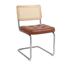 Modern Medieval Dining Chairs, Set Of 2 Rattan Dining Chairs With Soft Faux Leather Upholstery, Armless Rattan Chairs With Mesh Backrest, Metal Legs (Brown) - Brown - View 11