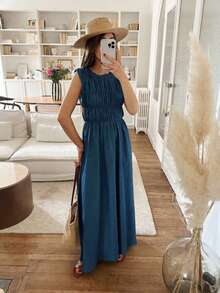 Summer Solid Color Casual Cute Elegant Vacation Beach Sleeveless Long Denim Color Ruched Waist Dress For Women - Navy Blue - View 1