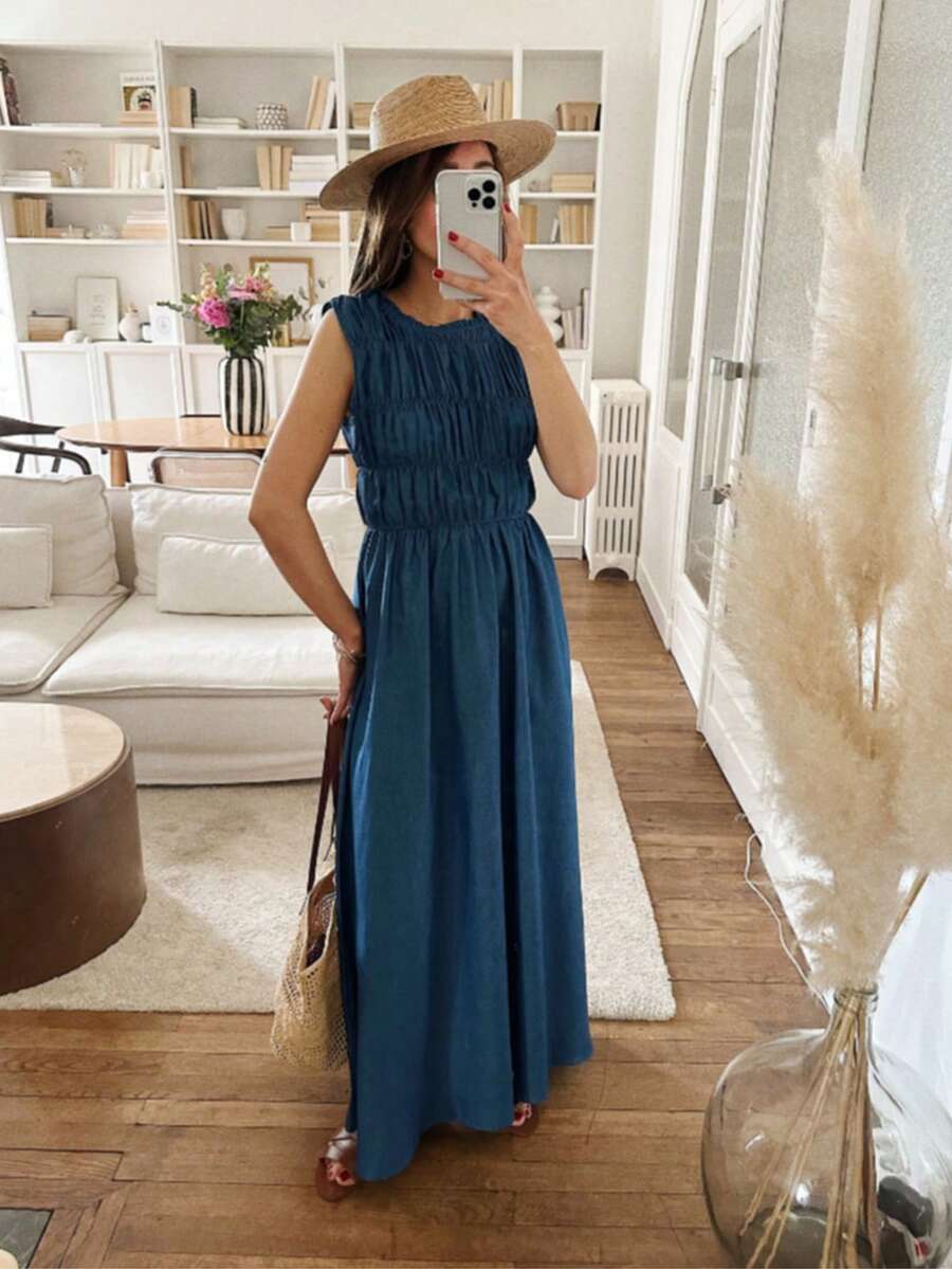 Summer Solid Color Casual Cute Elegant Vacation Beach Sleeveless Long Denim Color Ruched Waist Dress For Women - Navy Blue - View 1