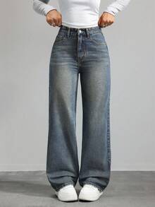 Teen GirlButterfly Embroidered Washed Wide Leg Jeans, Versatile For Daily Wear Or School - Medium Wash - View 1