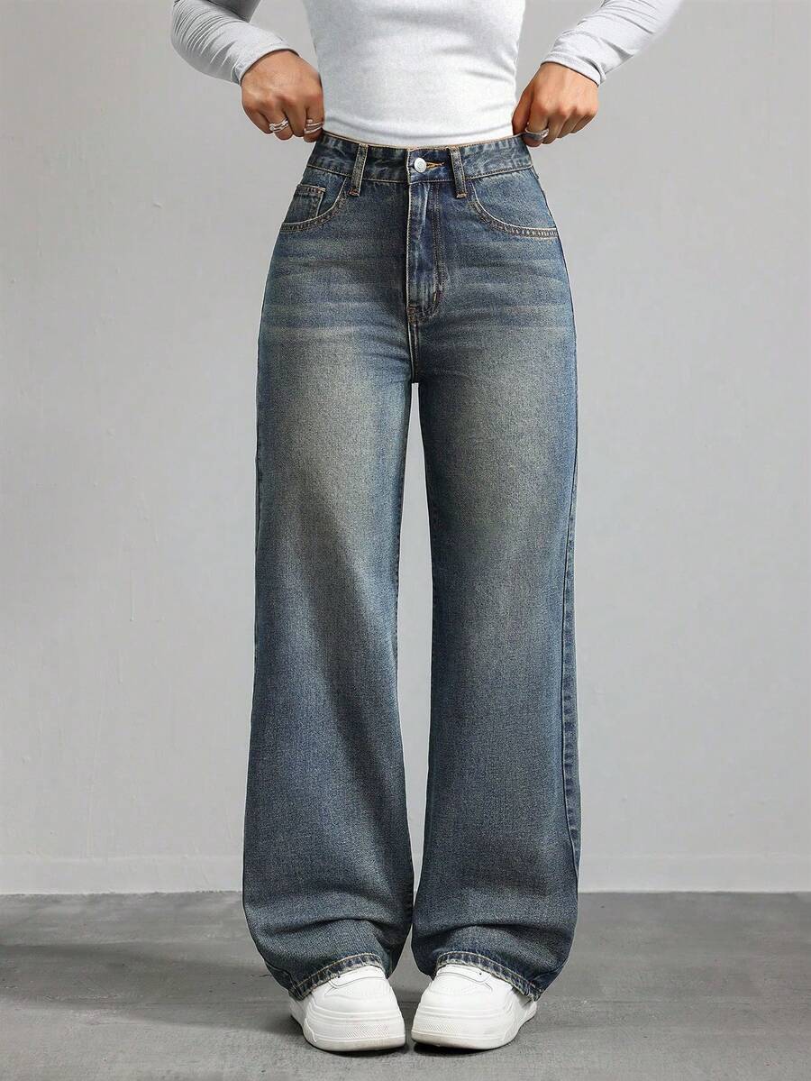 Teen GirlButterfly Embroidered Washed Wide Leg Jeans, Versatile For Daily Wear Or School - Medium Wash - View 1