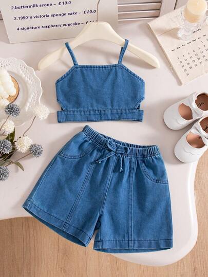 Conjunto de verano para niñas bebé con top de tirantes de mezclilla y shorts con lazo de mezclilla