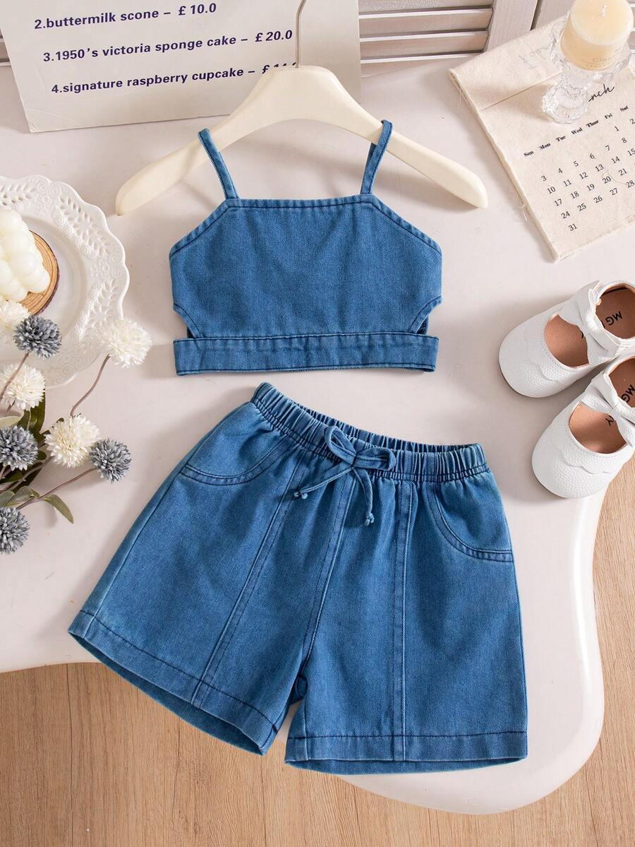 Bộ đồ denim dễ thương cho bé gái mùa hè: Áo hai dây và quần short có nơ. - Màu xanh lam - Xem 1