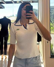 Women's Modal Knit Blouse, Brazil Style, Short Sleeve, Ribbed Knit, Polo Neck, Comfortable - White - View 5