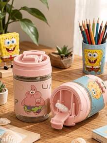 SpongeBob SquarePants 400ml SquarePants And Series Couple Water Bottle, 2-In-1 Design With Handle, Leak-Proof, Suitable For Office, Camping, Home, School, Gift For Girlfriend, Birthday, Christmas, Travel, Sightseeing, Fitness, Multiple Styles, Desktop Water Cup, Daily Use, Suitable For Teacher's Day, Anniversary, Birthday, Women's Gift, Self-Assembly Required - Multicolor - View 2