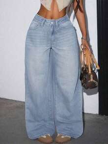 Women's Casual Loose Wide Leg Jeans With Pockets, Suitable For Daily Wear Spring - 淺色水洗 3 - 查看 2