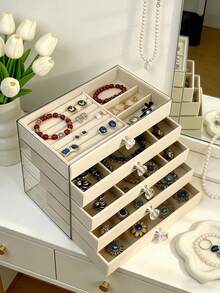 1 pieza Caja de almacenamiento de joyas/relojes/pulseras de 5/3/1 capa con flocado, caja de joyas apilable y multifuncional con cajones transparentes, organizador de joyas de 5 niveles, caja de joyas antioxidante para aretes, anillos, collares, pulseras, ideal para regalos de cumpleaños, Día de San Valentín y aniversario, caja de exhibición - Multicolor - Ver 3