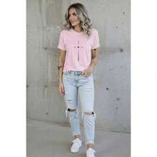 Women's Comfortable Cotton T-Shirt With Delicate Heart Cross Design - 淺粉色 - 查看 3