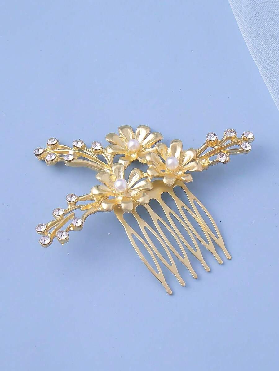 1pc Elegant Alloy Rhinestone Women's Side Hair Comb, Shiny Floral Print Bohemian Bridal Headpiece, Suitable For All Seasons,Summer,Holiday,Travel, Bride Accessories - Gold - View 1