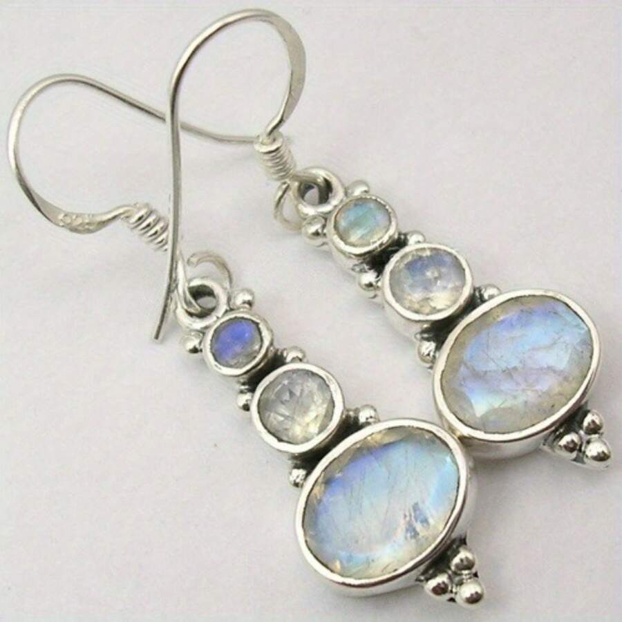 Yoyo Women's Hypoallergenic Moonstone Pendant Earrings - Bohemian Vintage Long Earrings, K-Gold Plated, Suitable For Sensitive Skin, For Weddings And Daily Wear, Elegant Bohemian Style Earrings - 銀色 - 查看 1