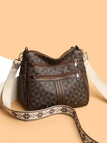 New Women's Large Capacity Crossbody Bag, Bohemian Style Adjustable Wide Strap Multi-Pocket Contrast Color Vintage Printed PU Material Commuter Casual Handbag - Brown - View 11
