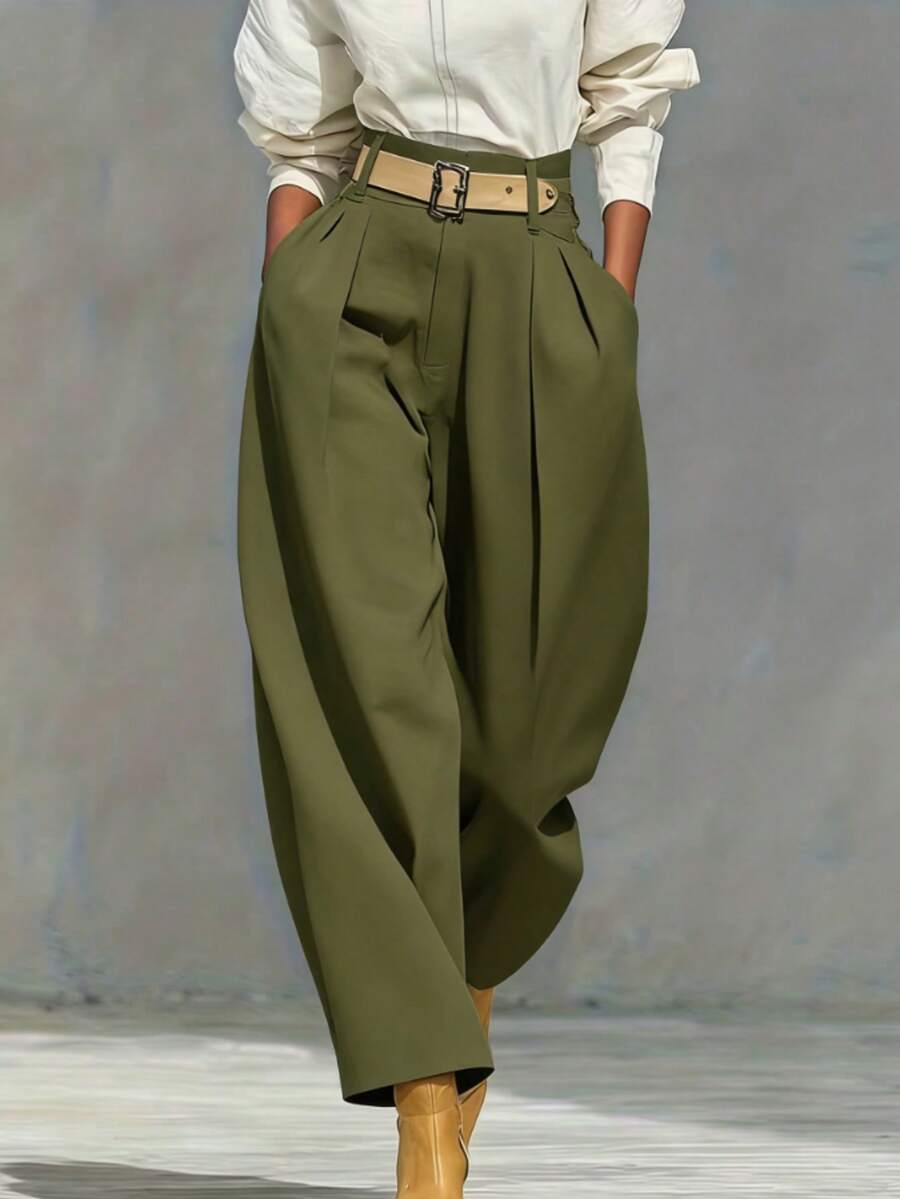 Women's Solid Color Zipper Pocket Pleated Casual Loose Pants (Belt Not Included) Spring - Army Green - View 1