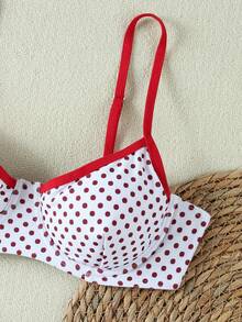 2026春夏女式白红波点荷叶边比基尼，撞色性感两件式泳衣，适合海滩度假、优雅装扮、假日穿搭、户外上衣、多功能健身服 - 紅白色 - 查看 5