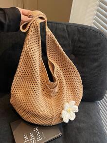 女士钩针编织沙滩包，夏季沙滩手提包，网眼可爱沙滩钱包，美观针织手提单肩包，卡其色 - 卡其色 - 查看 4
