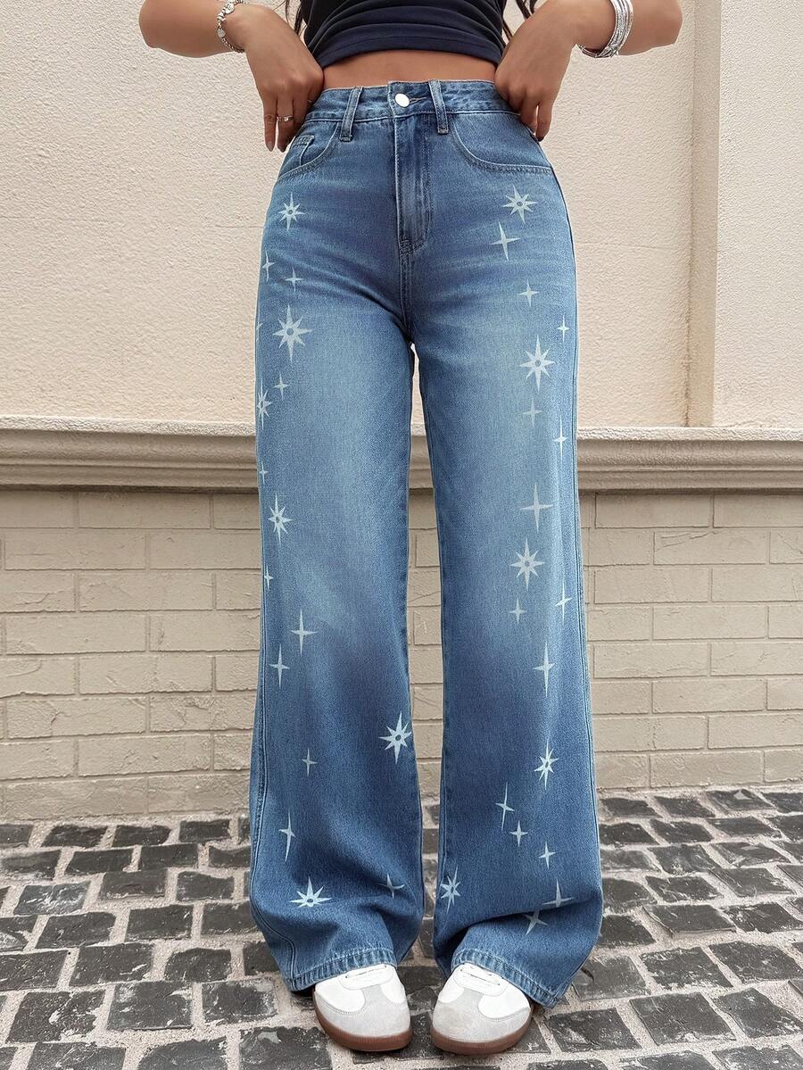 Quần jeans nữ cạp cao ống đứng, không co giãn, vải in họa tiết, thoải mái, phù hợp mặc hàng ngày. - Rửa trung bình - Xem 1