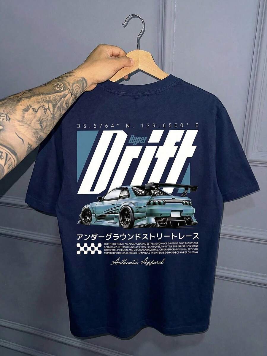 Áo thun nam FRACTYR phong cách đường phố mùa hè | Áo thun in hình họa tiết đua xe đường phố Nhật Bản "Hyper Drift" | Món đồ không thể thiếu trong tủ đồ phong cách đường phố retro | Áo cổ tròn tay ngắn - Màu xanh hải quân - Xem 1