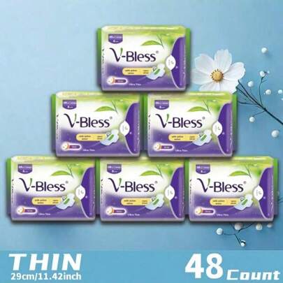48 Count Panty Liners, 6 Packs, 8pcs Per Pack, 245mm Day Use, 290mm Overnight Protection Ultra Thin Breathable Sanitary Pads, High Absorbency, Soft And Comfortable, Hypoallergenic
