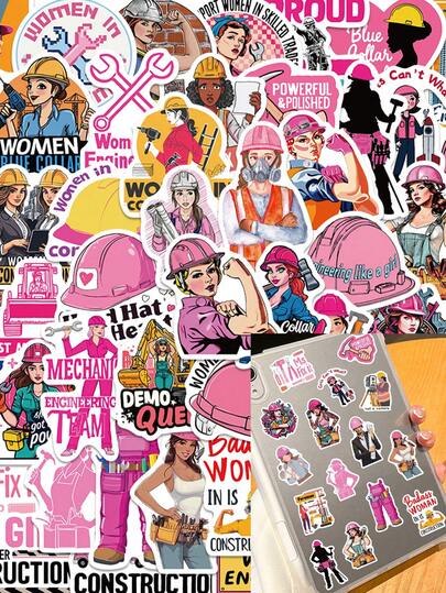 50pcs/Set Funny Cartoon Pink Female Hard Hats Stickers, Decorative Decals For Stationery Scrapbook Laptop Luggage Notebook Journal Phone Sticker Scrapbook Supplies Scrapbooking