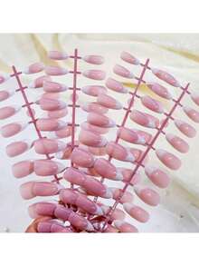 60pcs French Gel Nail Stickers, Short Almond Shape Gel Nail Stickers, French Nail Stickers With Adhesive, 3-In-1 Pre-Designed French Gel Nail Stickers, DIY Fake Nails - Dusty Pink - View 3