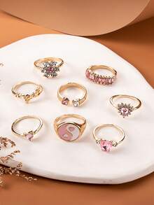 Set de 8 piezas de joyería vintage para mujer con corazones de cristal con puntos, anillos asimétricos para uso diario - Multicolor - Ver 8