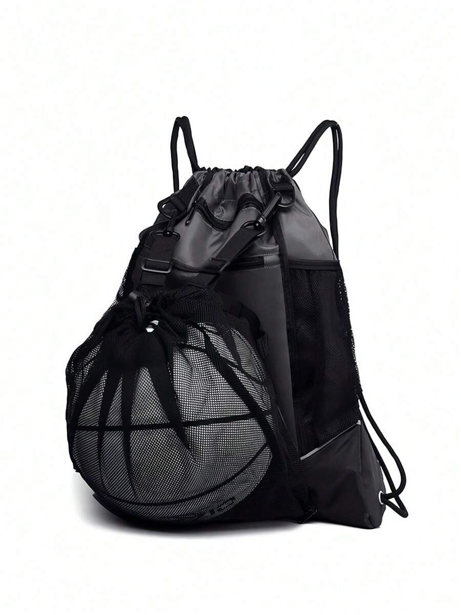 Multifunctional Sports Drawstring Net Bag Backpack With Independent Mesh Ball Storage Bag Portable Basketball Net Bag With Zipper Pocket Suitable For Men Women Basketball Soccer Volleyball And Rugby Sports Equipment Storage Basketball Gear