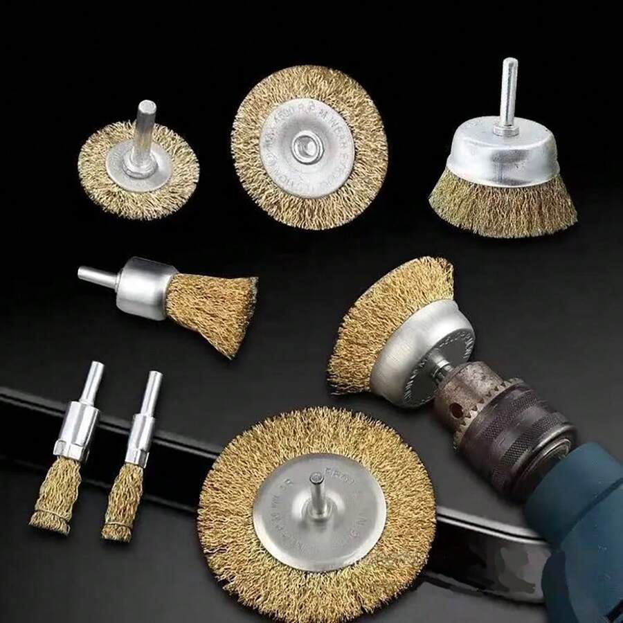 Bộ dụng cụ chà nhám xoay bằng dây đồng thau, bao gồm: bàn chải đánh bóng, bàn chải bánh xe, bàn chải dây thép, bàn chải bút chì, bàn chải phẳng, bàn chải bát, dụng cụ mài. - 1 cái - Xem 1