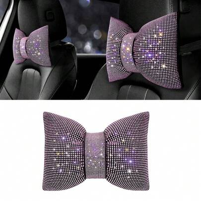 1pc Rhinestone Car Headrest Neck Pillow, Pink Driver-Specific Car Cushion, Shiny Crystal Diamond Bow Neck Support Relaxation Pillow, Women's Car Interior Accessory
