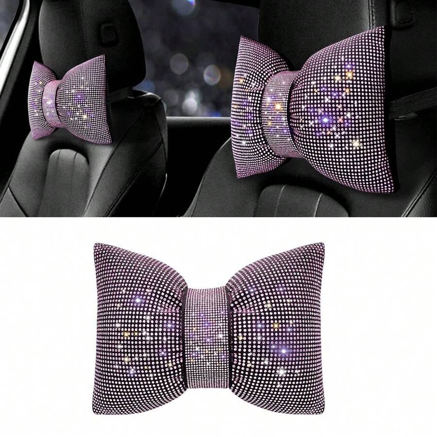 1pc Rhinestone Car Headrest Neck Pillow, Pink Driver-Specific Car Cushion, Shiny Crystal Diamond Bow Neck Support Relaxation Pillow, Women's Car Interior Accessory