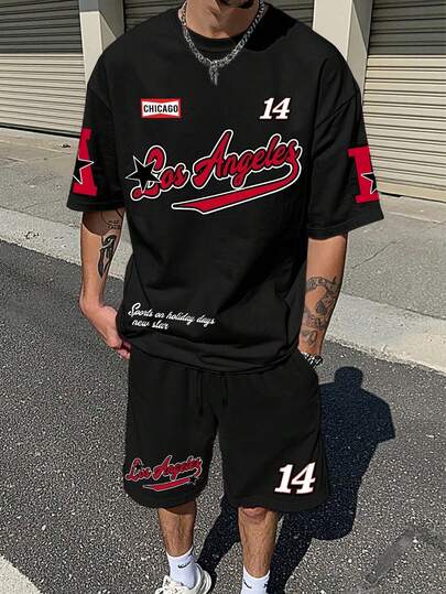 Letter Print Round Neck Short Sleeve Casual T-Shirt With Drawstring Waist Shorts Set, A Perfect Summer Gift For Fashionable Teens, Suitable For Family And Friends, Teen Boy Clothes