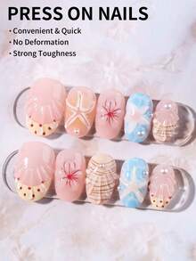 Bộ 24 miếng dán móng tay gel 3D hình oval ngắn, bao gồm các họa tiết chủ đề đại dương như rùa, cá voi, vỏ sò, ngọc trai, phù hợp với móng ngắn, kèm theo 1 gel dán và 1 dũa móng. - Nhiều màu - Xem 2