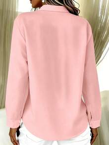 Basic Casual Women's Plus Size Long Sleeve Lightweight Button-Up Shirt Pink - Pink - View 2