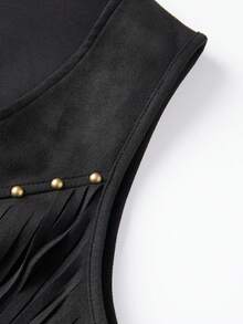 Women's Suede Crop Vest Solid Color Rivet Sleeveless V-Neck Open Front Tassel Hem Cardigan - 黑色 - 查看 7