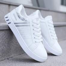 Sepatu Skate Pria Bertali dengan Desain Garis-Garis - Bagian Atas Kulit PU Tahan Lama, Lapisan Kain Bernapas, Sol Dalam Kain, Sol Luar PVC Anti-Selip, Ujung Bulat, Cocok untuk Pakaian Kasual di Luar Ruangan pada Musim Gugur, Musim Semi, Musim Panas, dan Musim Dingin - Abu putih - View 3
