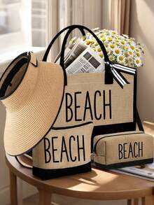 Women's Beach Tote Bag Set, Includes "BEACH" Canvas Bag, Khaki Wavy Beach Sun Hat, Tote Bag, Cosmetic Bag, Wide Brim Sun Hat, Bow Outdoor Travel Hat, Suitable For Spring/Summer Beach Use, Adjustable - Multicolor - View 5