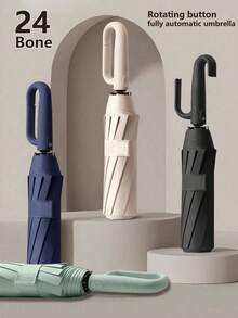 1pc Fully Automatic Anti-Wind & Rain Umbrella, 24 Ribs, High-Density Waterproof Fabric, Fully Automatic Reverse Folding, Rotary Lock Handle, Easy-Carry Claw Handle, Portable Travel Umbrella, Rain & UV Protection, UPF50+, Black UV Coating, One-Button Open/Close, Suitable For Heavy Rain & Windy Weather - A - 查看 2