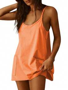 Women Athletic Mini Dresses Built-In Shorts Set Summer Sleeveless Sundress Hot Shot Mini Dress - 橘色 - 查看 5