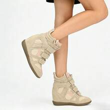 Women's 7cm High Top Hidden Wedge Sneakers. Suede Upper With Triple Straps, Retro Style, Comfy For Campus, Casual & Dressy Wear. - 米粉 - 查看 5