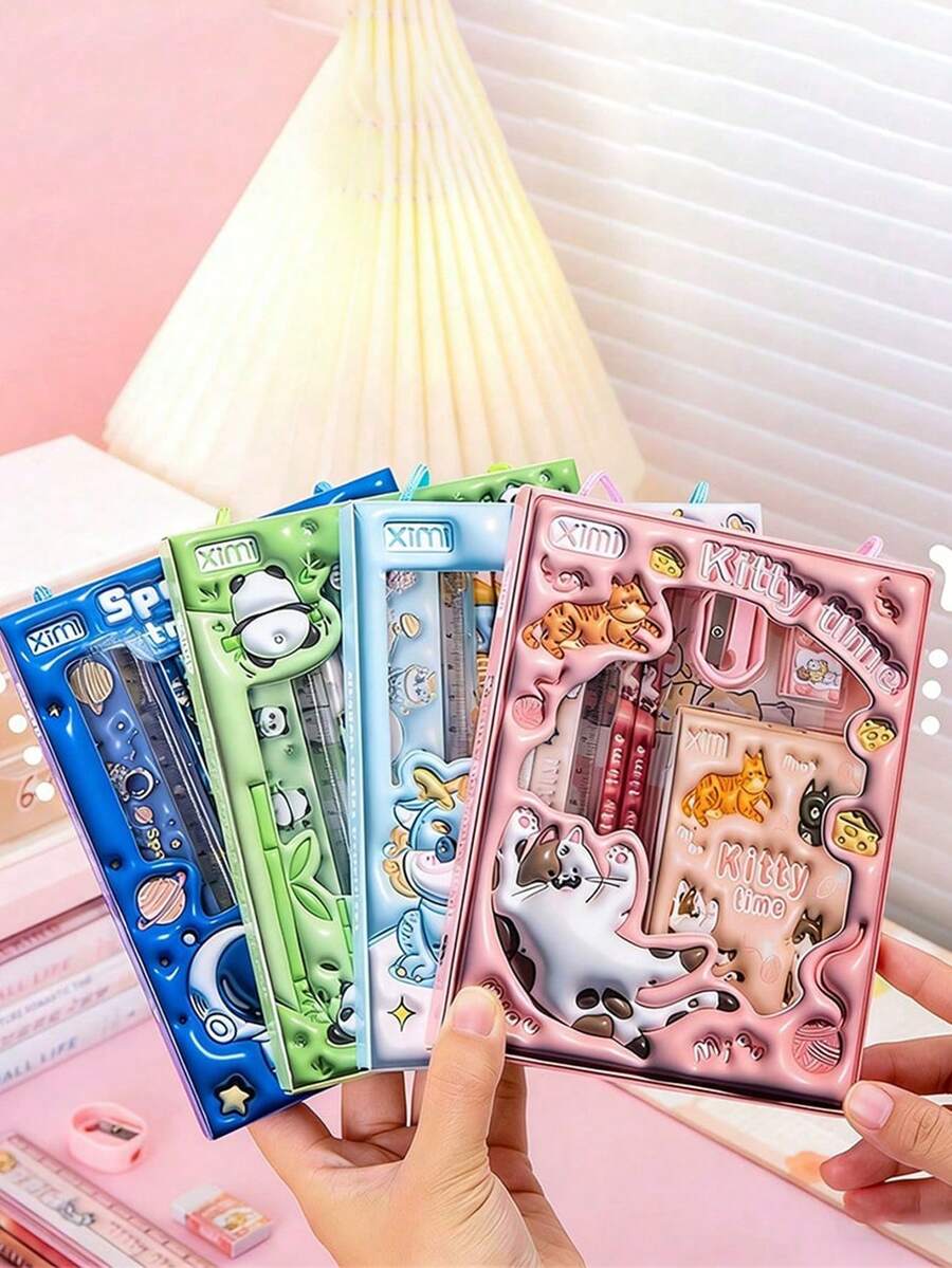 6pcs/Set 3D Cartoon Stationery Set, Including Pencil, Eraser And Ruler, Gifts For Learning, Christmas And Other Holidays. Stationery Gift Box Set, Back To School Season Gift - Sets - View 1