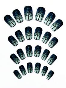 24 móng tay giả dài vừa phải, họa tiết quạ, màu đen gradient, phong cách Gothic, hình vuông, thích hợp sử dụng hàng ngày, dự tiệc và du lịch. - màu đen - Xem 4