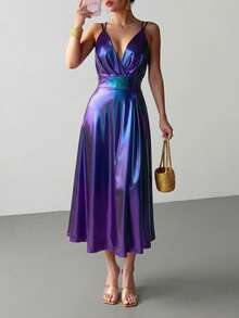 Vestido elegante sin espalda para mujer, color púrpura-azul vibrante, boda de otoño - Morado - Ver 1