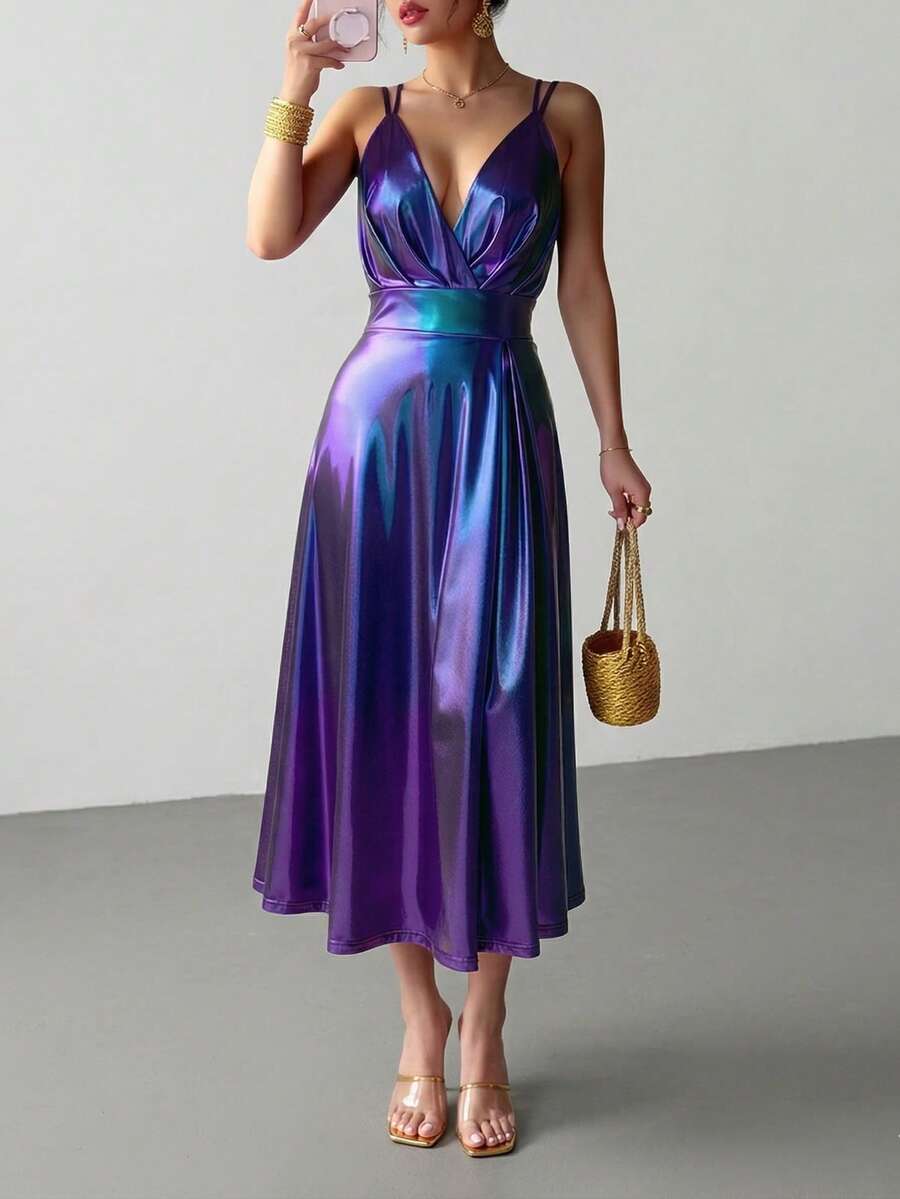 Vestido elegante sin espalda para mujer, color púrpura-azul vibrante, boda de otoño - Morado - Ver 1