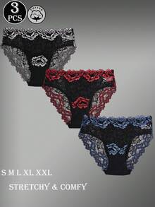 3条装 女士蕾丝拼接镂空中腰三角裤 纯棉内裤 - 彩色 - 查看 5