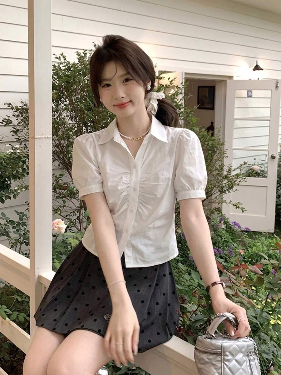 Áo kiểu nữ tay bồng cánh hoa - trắng - Xem 1