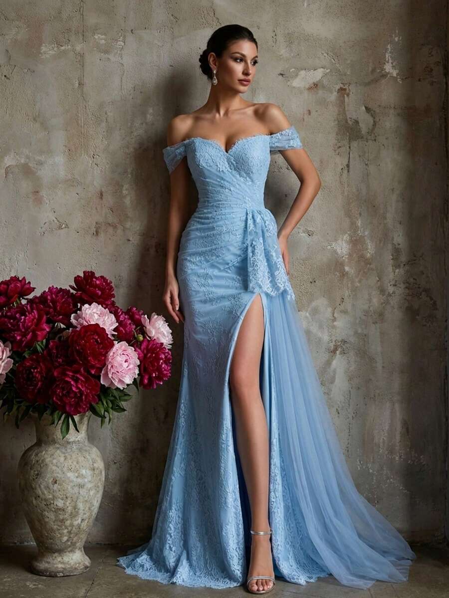 A Light Blue Lace-Embroidered Open Shoulder Short Sleeve Waist-Cinching Lace-Up High-Slit Tulle Train Elegant Evening Gown Spring Wedding Party - sea blue - View 1