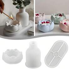 3pcs Tray, Vase And Lotus Flower Silicone Mold Set, Plaster Mold, Candle Holder Mold, Suitable For DIY Resin Candle Crafts - Great For Plaster And Concrete, Perfect Home Decor Candles, Durable Silicone Lotus Flower Candle Design - A - View 1